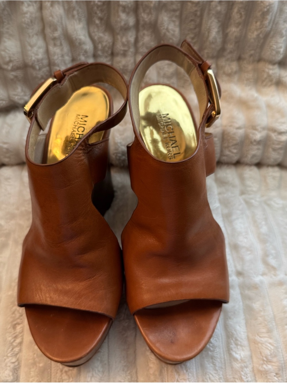 Michael Kors Tan Leather Open-Toe Block Heel Mules